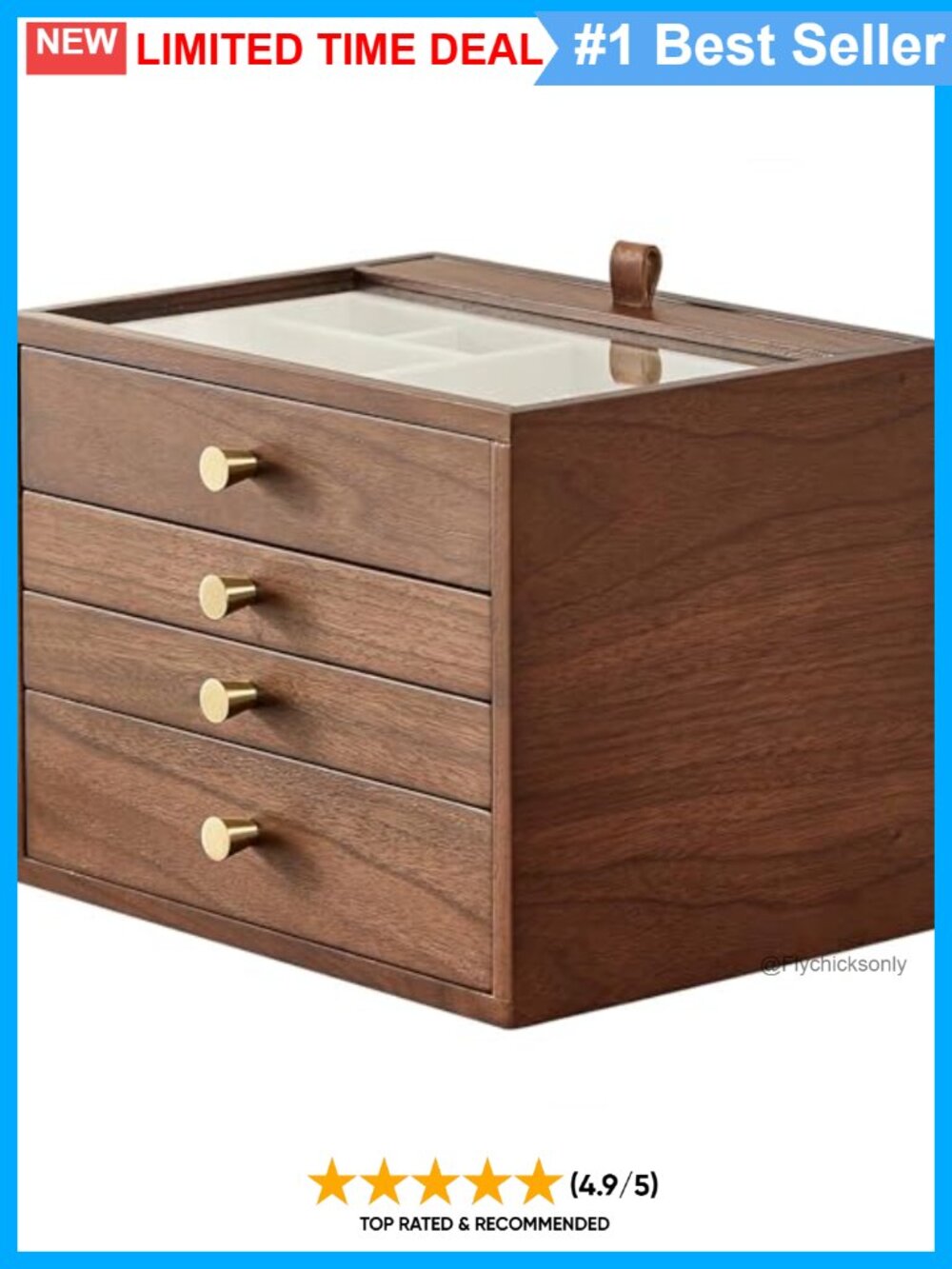 Walnut Wood Jewelry Box Organizer with Vertical Necklace Hooks and Glass Lid
